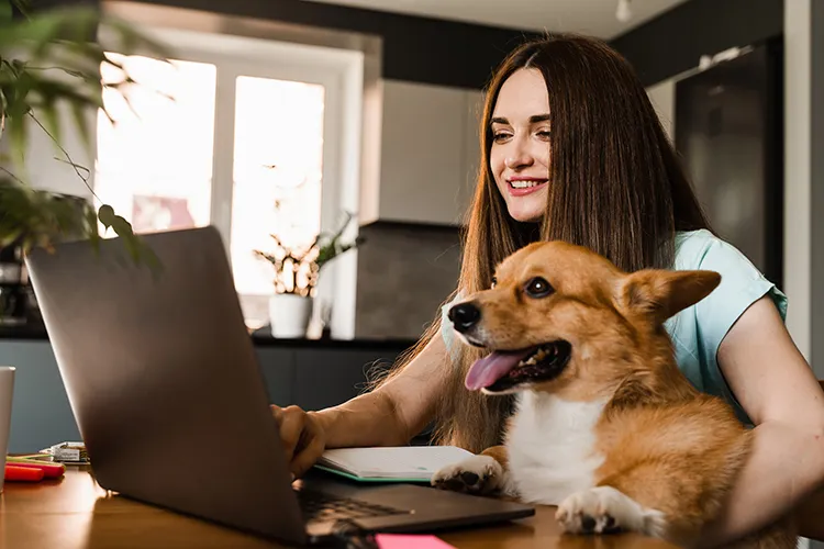 Mujer con su mascota revisando su portátil