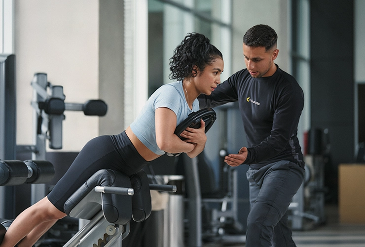 Entrenador de gimnasio con persona haciendo ejericicio