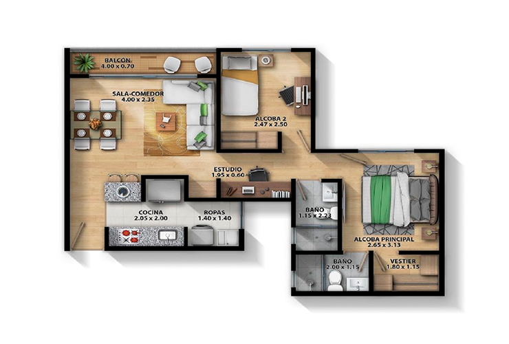 Imagen del plano del apartamento del proyecto de vivienda Novaterra Guayacan