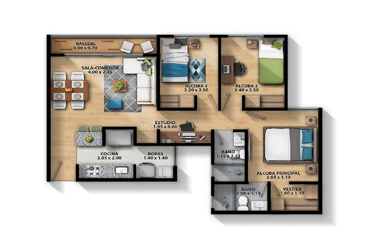 Imagen del plano del apartamento del proyecto de vivienda Novaterra Guayacan