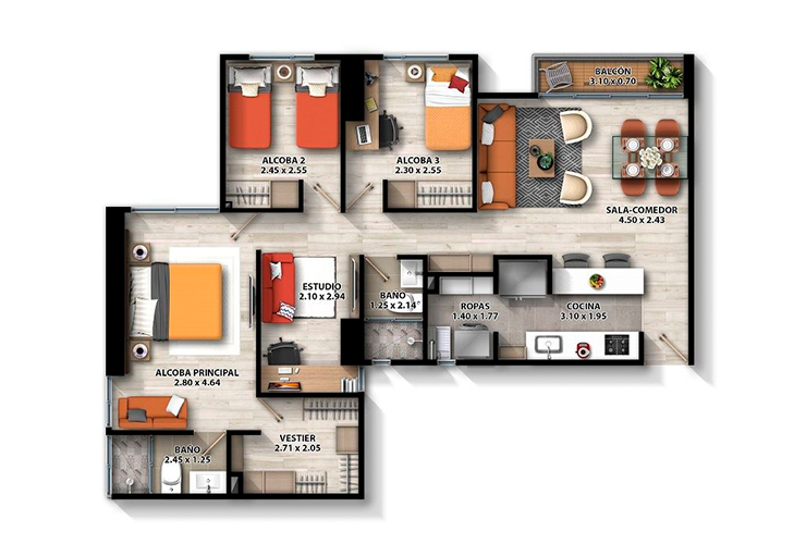 Imagen del plano del apartamento del proyecto de vivienda Iconika 68