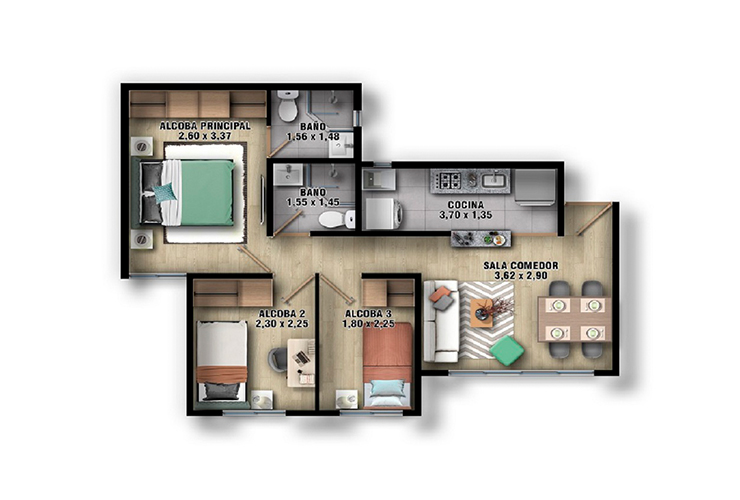 Imagen del plano del apartamento del proyecto de vivienda Botanika Alameda