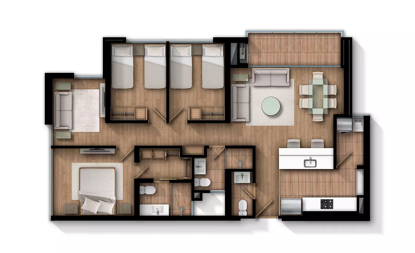 Imagen del plano del apartamento de 64M del proyecto de vivienda Luar