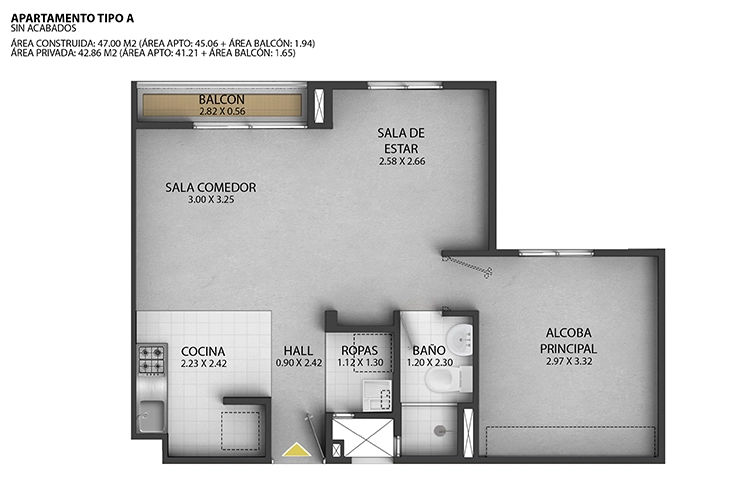 Imagen del plano del apartamento del proyecto de vivienda Turpial sin acabados