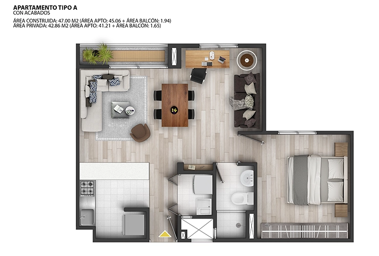 Imagen del plano del apartamento del proyecto de vivienda Turpial con acabados