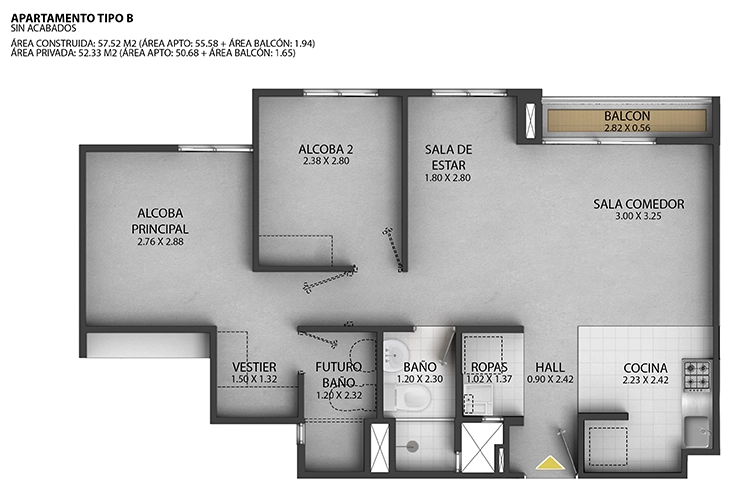 Imagen del plano del apartamento del proyecto de vivienda Turpial sin acabados