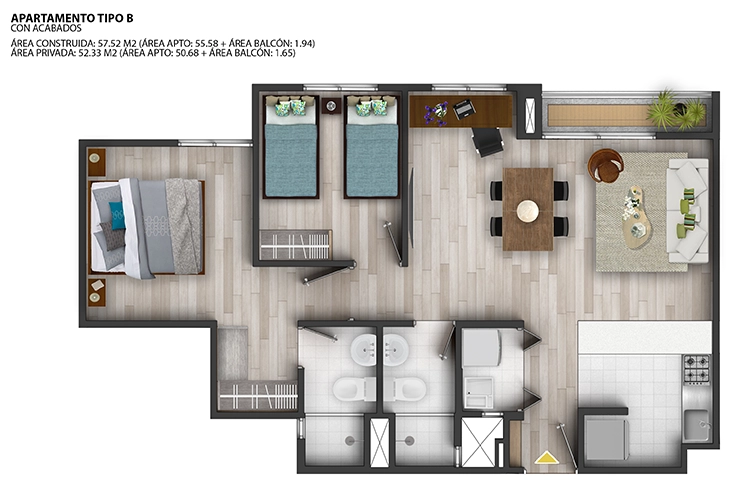 Imagen del plano del apartamento del proyecto de vivienda Turpial con acabados