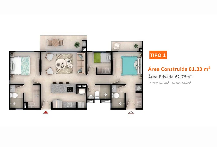 Imagen del plano del apartamento de 64M del proyecto de vivienda H. San Pablo