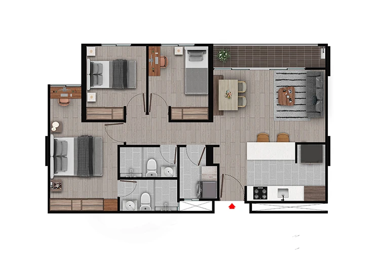 Imagen del plano del apartamento de 64M del proyecto de vivienda Calera Gardens