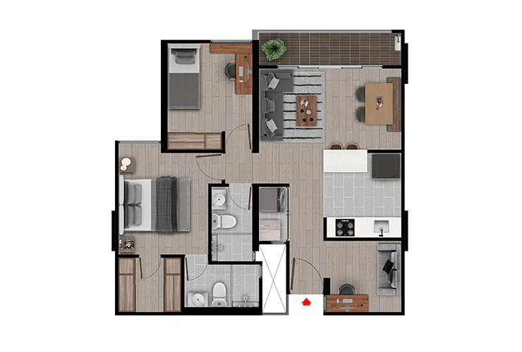 Imagen del plano del apartamento de 64M del proyecto de vivienda Calera Gardens