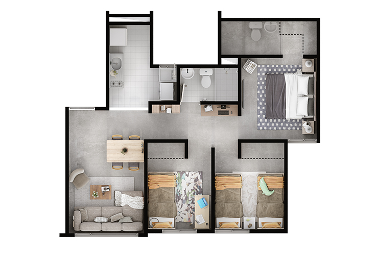 Apartamento tipo de 53 m2, con opción de espacio para estudio.