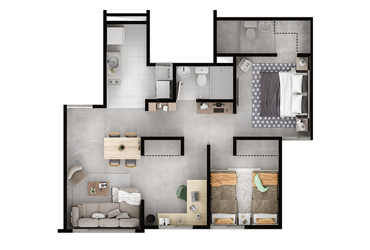 Apartamento tipo de 53 m2, con opción de espacio para estudio.