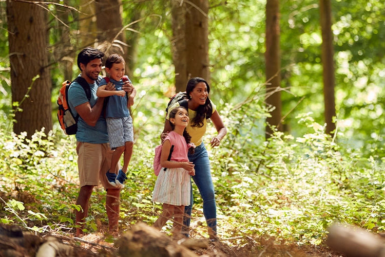 Familia divirtiéndose en el bosque